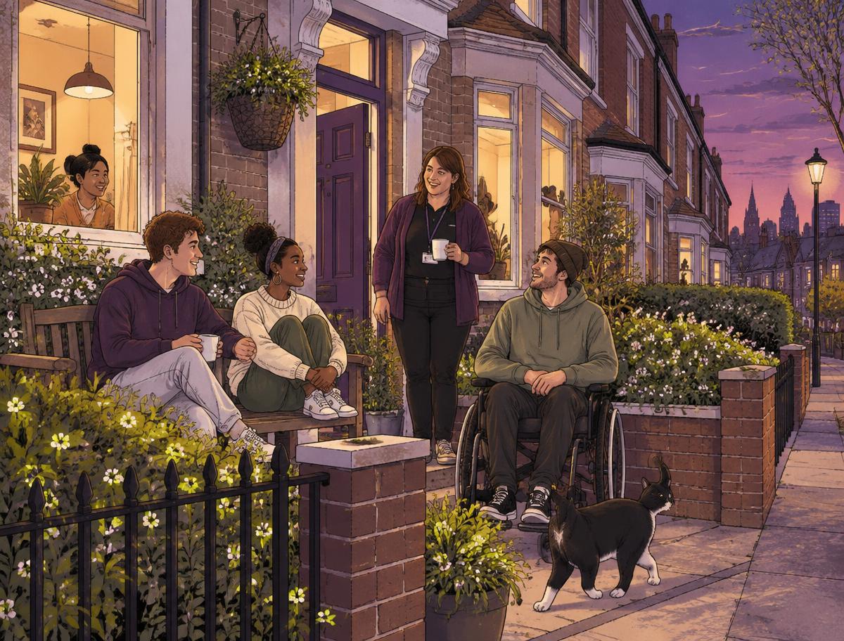 Young residents and a support worker outside a welcoming supported-living home