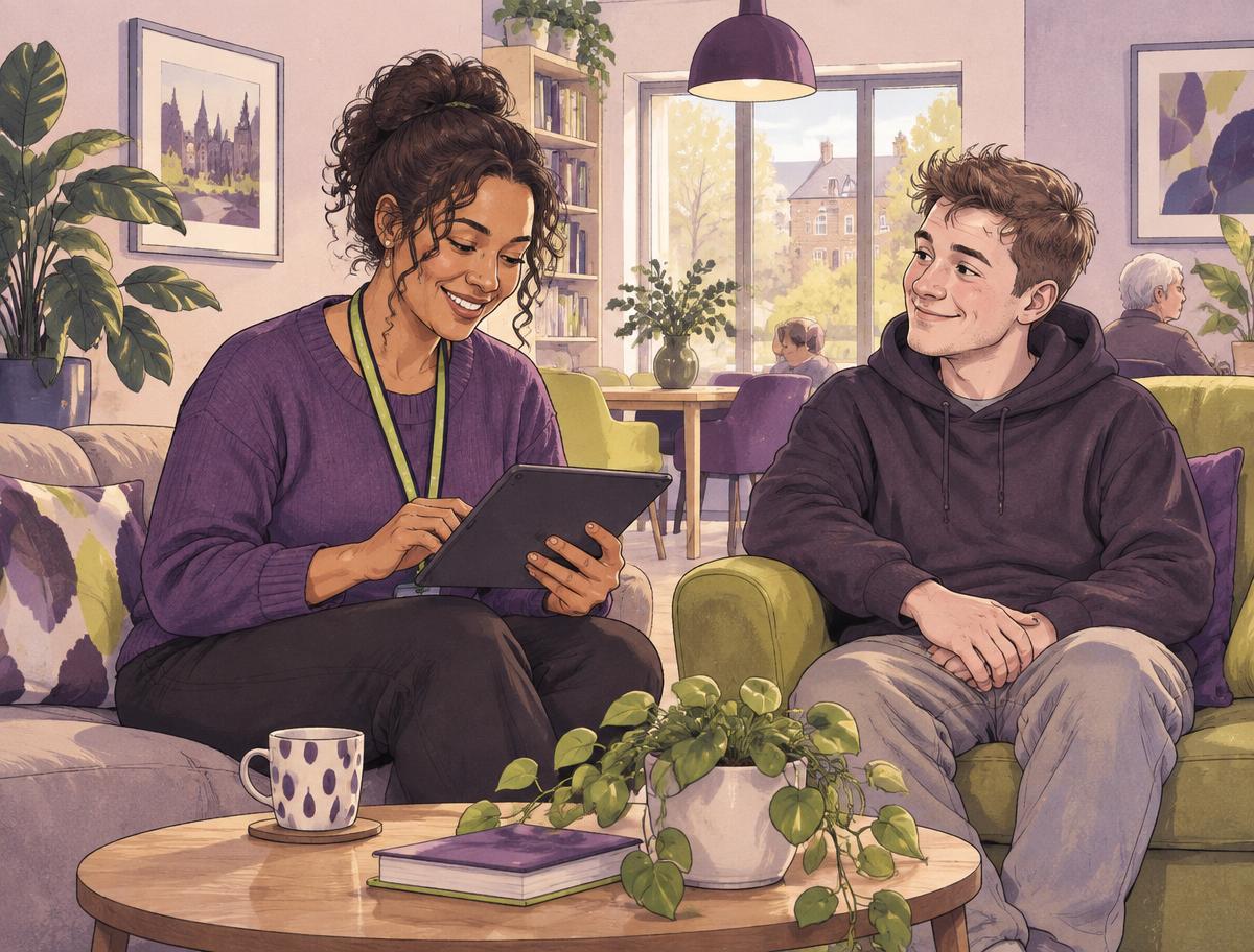A support worker completing a digital care record with a young person nearby