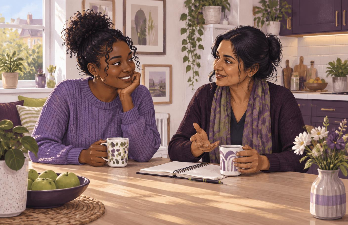A support worker and a young person talking over a cup of tea at a kitchen table